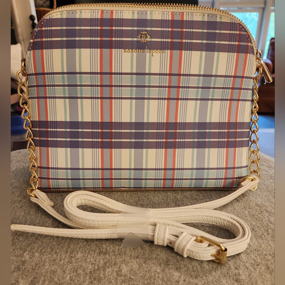 Nanette Lepore Violet Plaid Crossbody With Faux Leather/Chain Strap NWOT